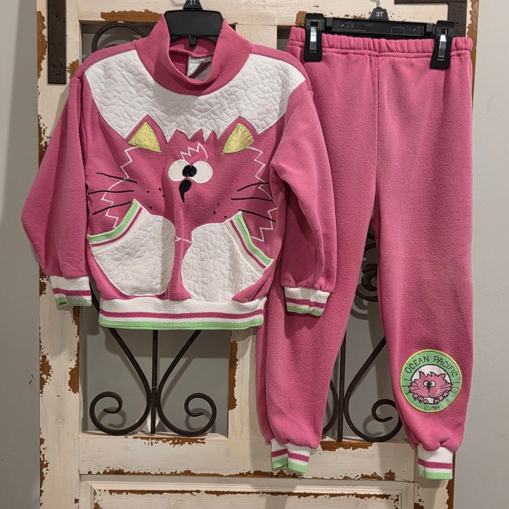Vintage 1989 Ocean Pacific Pink Cat Tracksuit Set Kids Size 4T 80s OP Fleece